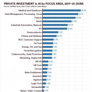 Рис. 1. Популярность областей применения ИИ у частных AI-инвесторов. Источник: Artificial Intelligence Index Report 2022
